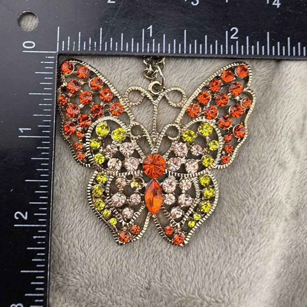 Estate Butterfly Necklace Gold Tone Rhinestone Orange Adjustable 32